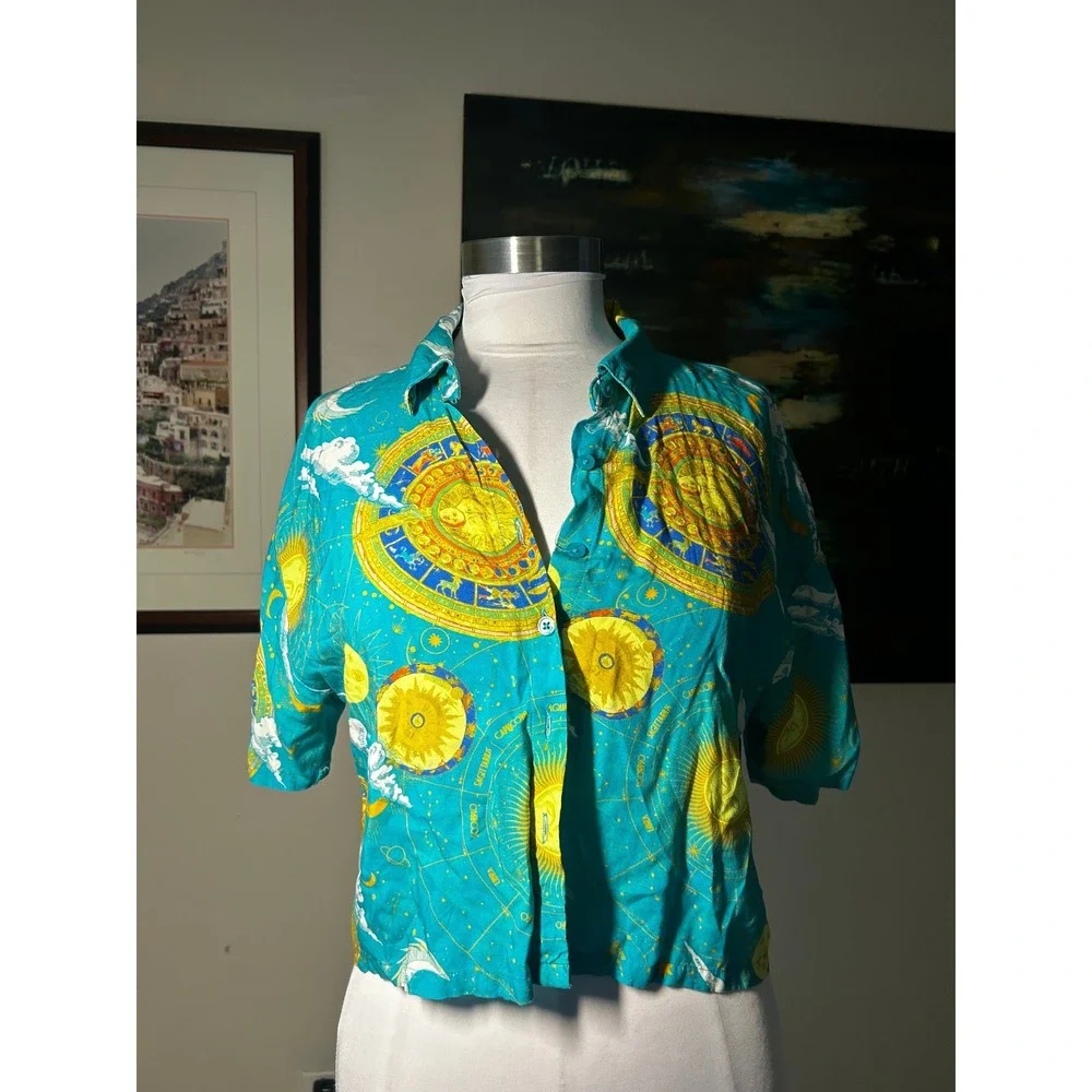 Vintage Forever 21 Button Down Shirt M Teal Celestial Zodiac Print Cropped Top